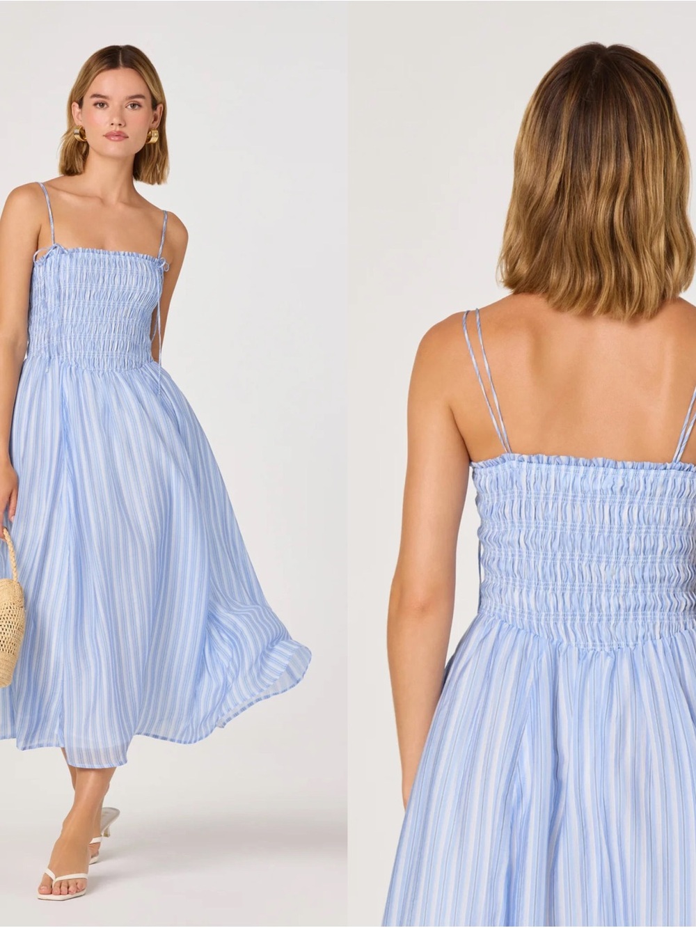 ASTR Lahela Smocked Strappy Midi Dress in Light Blue Stripe